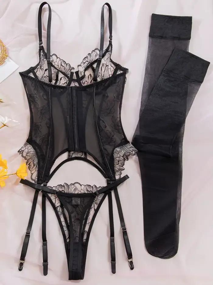 Ensemble de lingerie érotique Belamimi brodé floral transparent