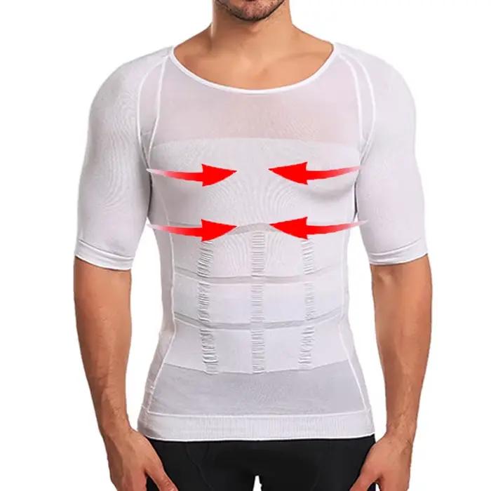 Hommes corps Shapers Fitness élastique Abdomen ajustement serré à manches courtes chemise débardeurs forme sous-vêtements minceur seins façonnage