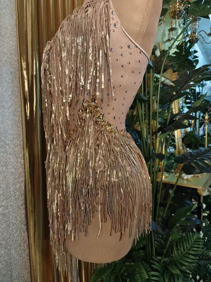 Justaucorps à franges et strass scintillants pour femmes, tenue de discothèque, Costume de chanteur et de danseuse, vêtements de scène, body de Performance Sexy