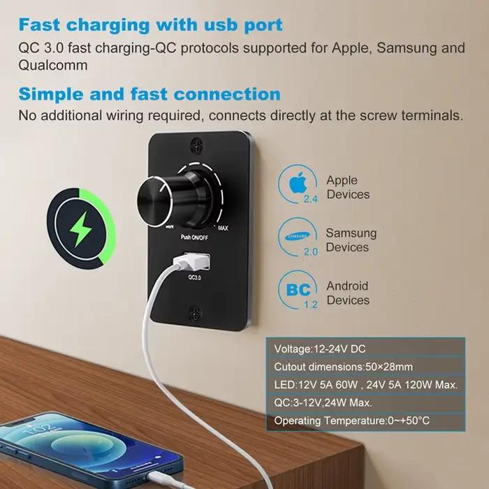Variateur LED PWM 12-24 V DC, variateur 5 A 3 fils pour ampoules LED avec charge rapide USB QC 3.0 pour camping-car, bateau, camion