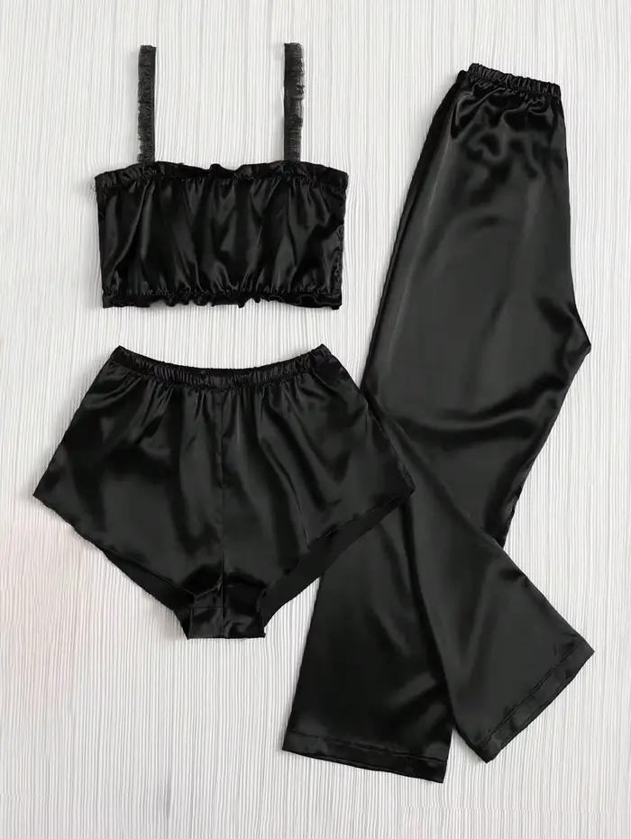 Ensemble pyjama en Satin plissé de couleur noire