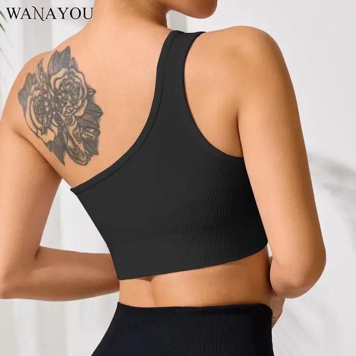 WANAYOU Soutien-gorge de yoga asymétrique à une épaule, sans couture, côtelé, coupe ajustée, pour le sport et l'entraînement en salle de sport, sans rembourrage, séchage rapide