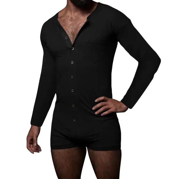Pyjama sexy pour homme, combinaison, couleur unie, col rond, manches longues, t-shirt et short, nouveau, une pièce, boutonné, vêtements de maison