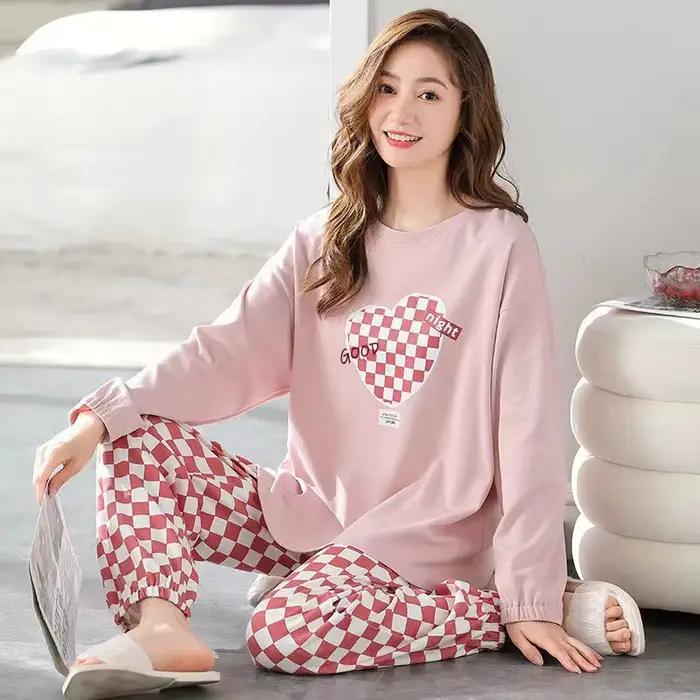 Pyjamas femmes à manches longues pantalons longs ensemble ample Plaid étudiant