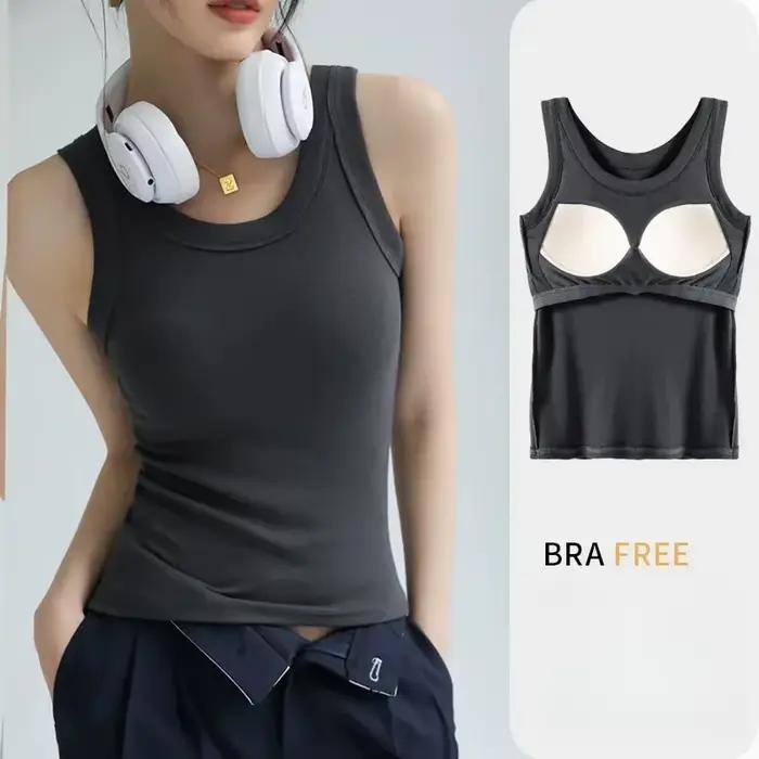 Débardeur de soutien-gorge intégré sans couture, t-shirt d'entraînement respirant, chemise d'été sans manches, haut streetwear pour femmes occasions sportives