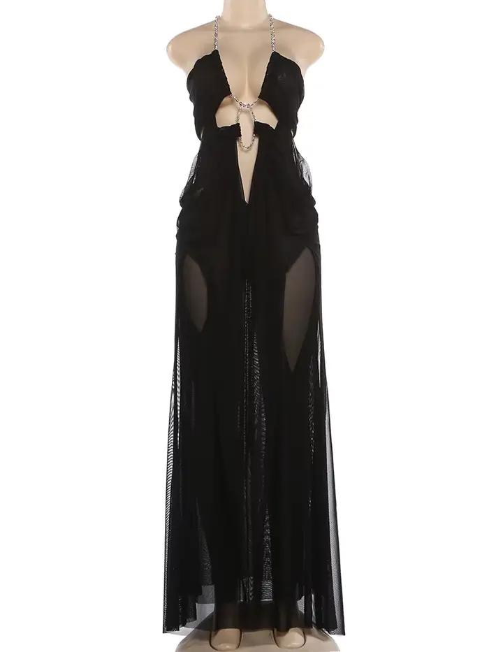 Nibber Bal Robe De Soirée Femme Sexy Voir À Travers De Luxe Chaîne Halter Col Bas Dos Nu Sans Manches Minuit Élégant Robes