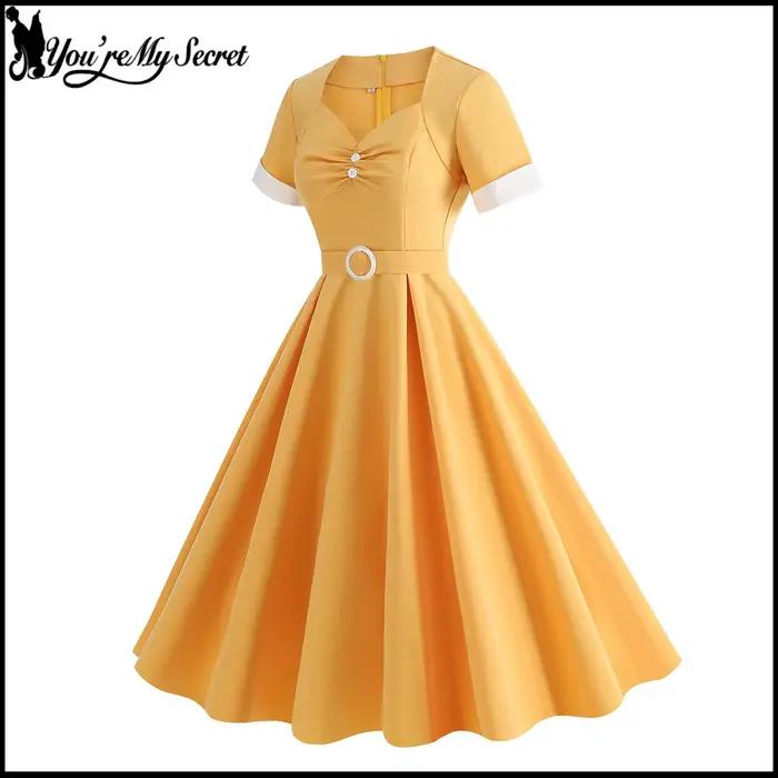 [You're My Secret] Robe vintage bleue pour femme des années 1950, style Hepburn, à manches courtes, coupe évasée, tenue décontractée pour les vacances, vêtements d'été 2026