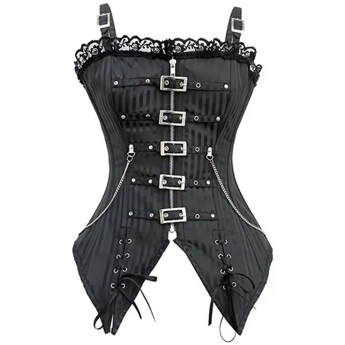 Femmes Sexy Corset bretelles Steampunk haut bustier rayure Vintage dentelle superposition