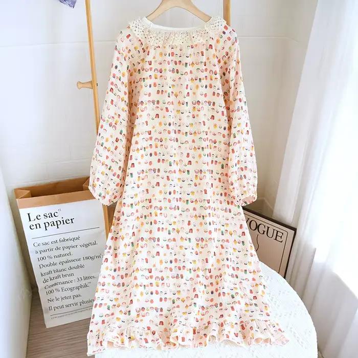 Chemise de nuit en coton imprimé à manches longues pour femmes