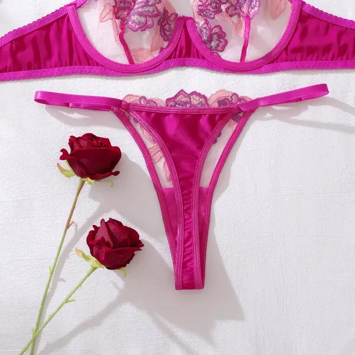 Rose rouge fleur broderie lingerie sexy voir à travers le soutien-gorge ultra-mince tasse rassemblement haut affichage