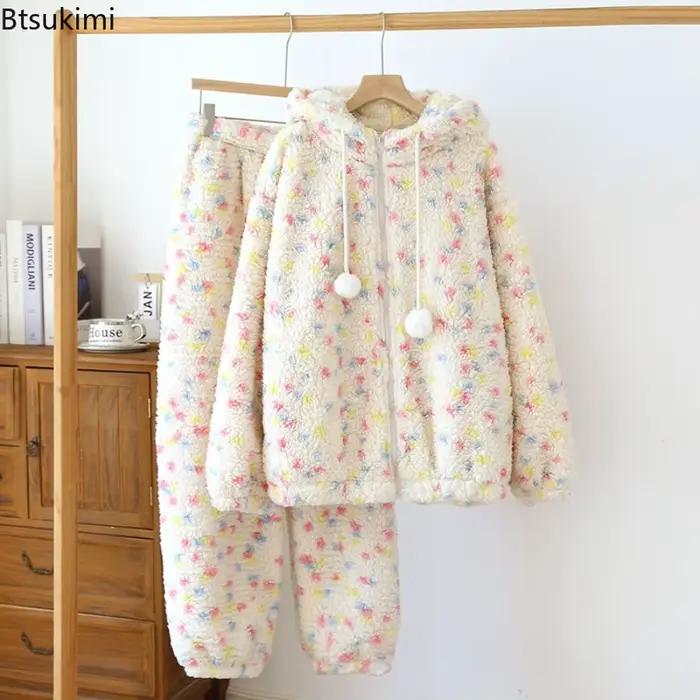 Ensembles de pyjamas doux et élégants pour femmes 2026 – Tenue de nuit en flanelle épaisse avec fermeture éclair et capuche pour l'hiver – Vêtements d'intérieur doux et chauds deux pièces pour femmes