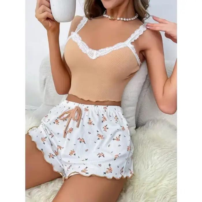 Ensemble pyjama féminin rose dentelle patchwork haut imprimé short doux vêtements détente nuits chaudes été sexy tenue de nuit occasions spéciales