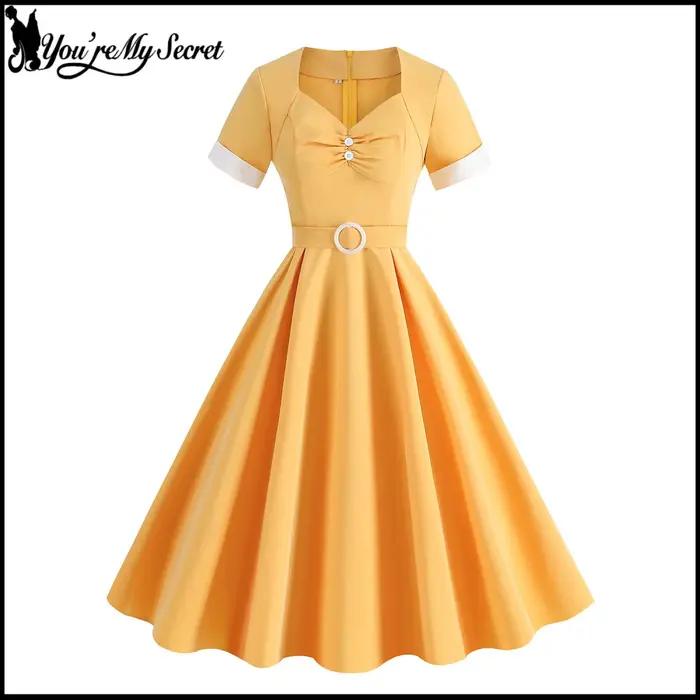 [You're My Secret] Robe vintage bleue pour femme des années 1950, style Hepburn, à manches courtes, coupe évasée, tenue décontractée pour les vacances, vêtements d'été 2026