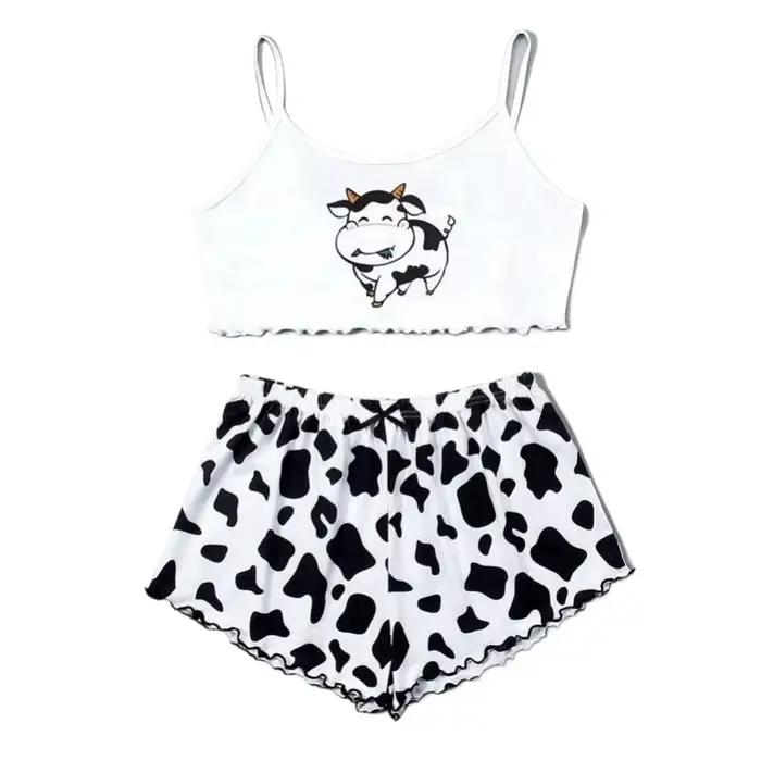Mignon vache imprimé haut sans manches et short vêtements de nuit pour femmes 2 pièces pyjamas ensemble décontracté