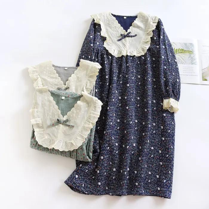 Vintage Cottagecore chemise de nuit pour femmes col en dentelle Style français robe de nuit doux 100% coton gaze vêtements de détente robe de maternité