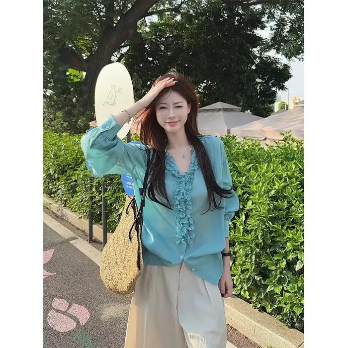 Chemise en lin à col en V pour femme