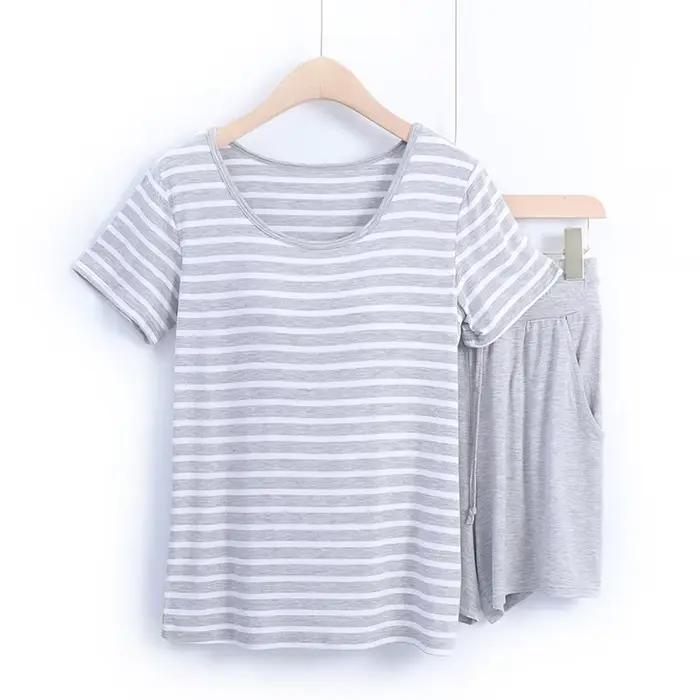 Pyjama rayé Modal pour femmes avec bonnets ensemble deux pièces été Pijama Adulto Feminino vêtements 2025 pyjamas de nuit