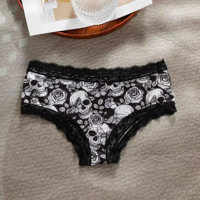Lot de 4 Culottes Confortables et Respirantes pour Femmes, Slips Sexy en Dentelle avec Imprimé Tête de Mort, Sous-vêtements Féminins Tendance pour Noël
