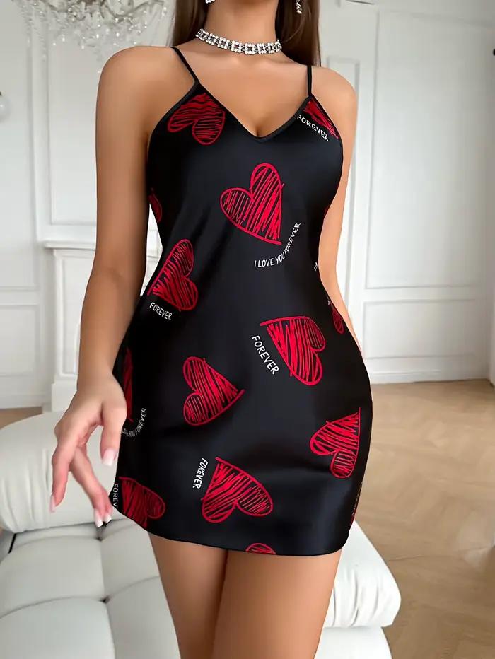 Chemise de nuit en satin imprimé lèvres rouges sexy col en V sans manches pour femmes occasions romantiques et spéciales
