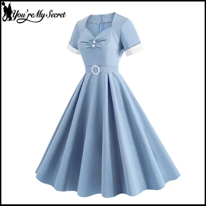[You're My Secret] Robe vintage bleue pour femme des années 1950, style Hepburn, à manches courtes, coupe évasée, tenue décontractée pour les vacances, vêtements d'été 2026