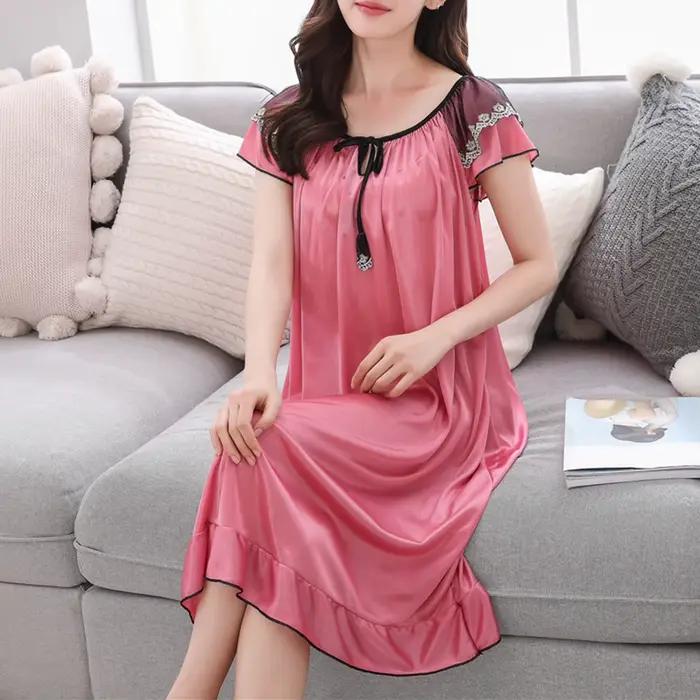 Robe de nuit longue à manches courtes et col en V pour femmes