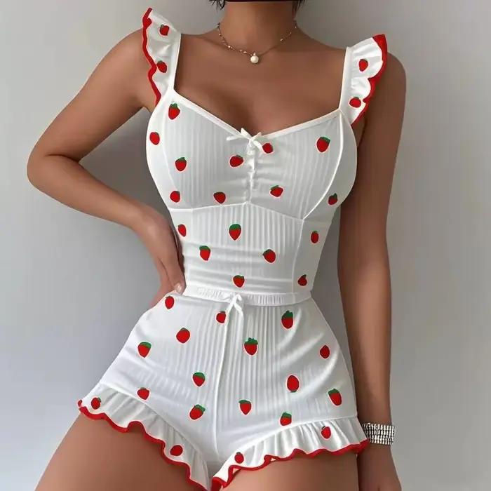 Ensemble de pyjama côtelé imprimé fraises pour femme - Haut