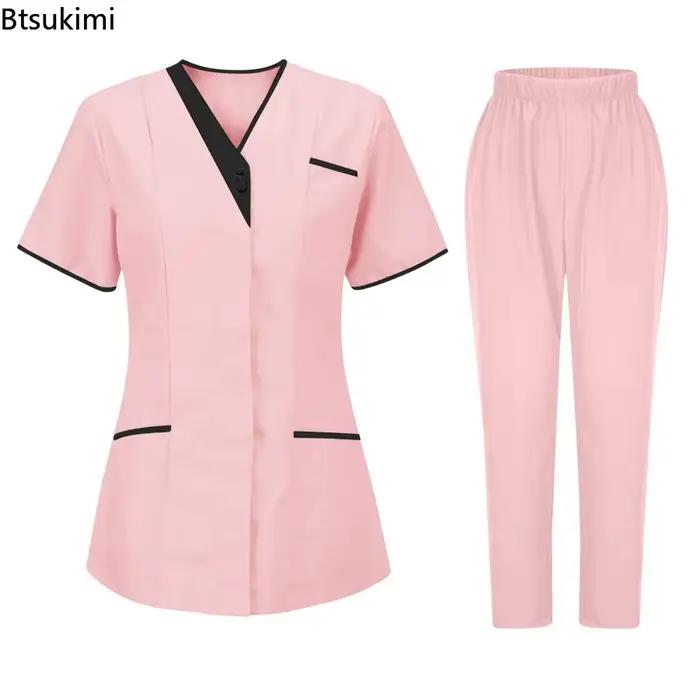 Nouveaux ensembles infirmiers 2026 – T-shirt d'été pour femme à col en V et boutons – Uniforme de travail pour infirmière – T-shirt médical pour hôpital et médecin