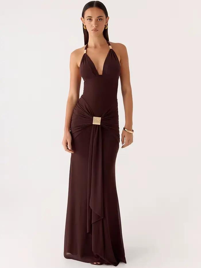 Robe longue sexy Mozision à col halter et décolleté plongeant pour femme