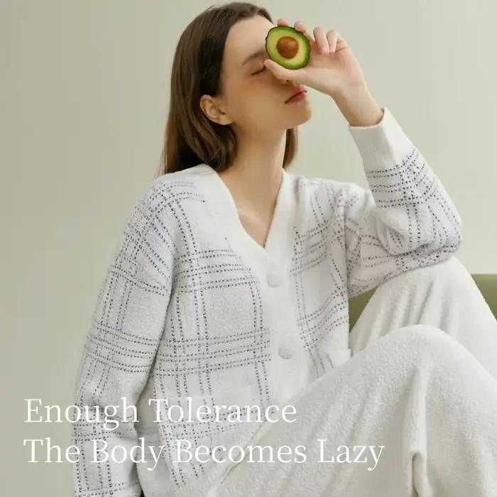 SUJIIN femmes 2 pièces tenues pyjamas ensemble automne hiver décontracté vêtements de nuit femme rayé Cardigan hauts