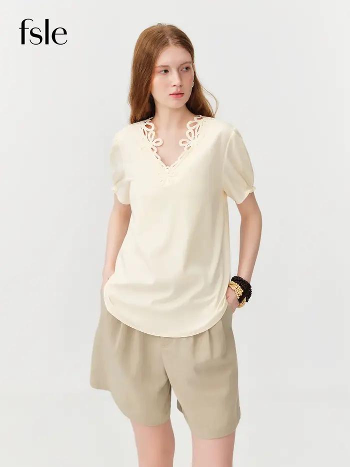 FSLE 2026 Blouse d'été pour femme à col en V français et manches bouffantes