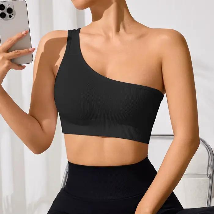 WANAYOU Soutien-gorge de yoga asymétrique à une épaule, sans couture, côtelé, coupe ajustée, pour le sport et l'entraînement en salle de sport, sans rembourrage, séchage rapide