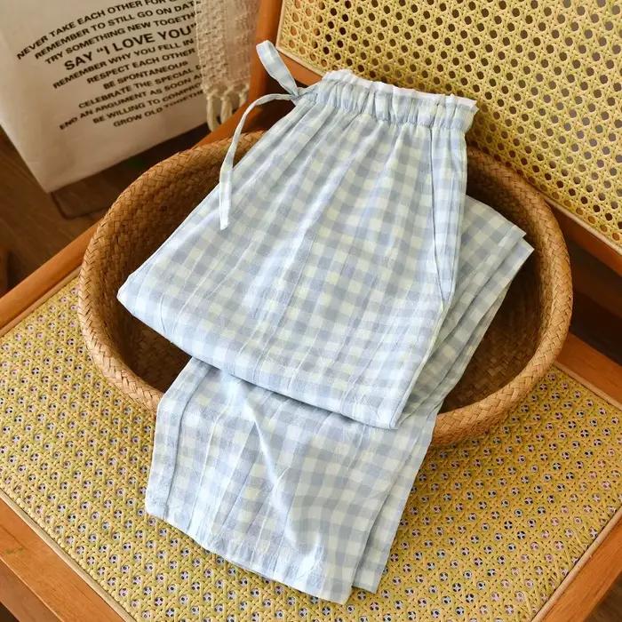 2026 nouveaux vêtements de nuit pour femmes 100% coton gaze dentelle pantalons à carreaux japonais minimaliste maison