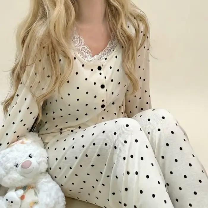 Pyjama à manches longues avec coussinets de poitrine, simple et confortable, à pois, nouvelle collection 2026, vêtements d'intérieur