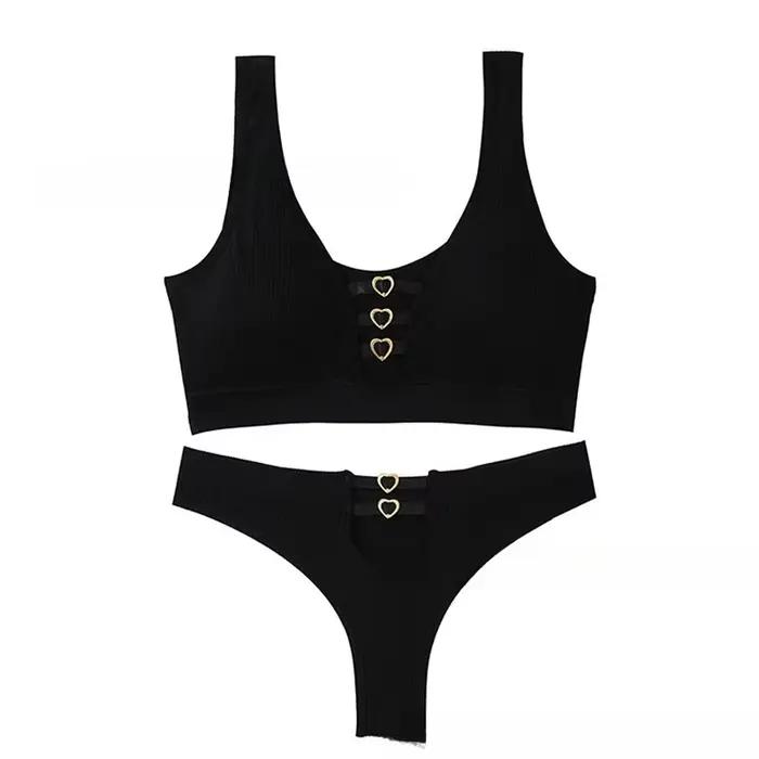 Ensemble soutien-gorge et string push up sexy tricot côtelé avec anneau cœur pour femmes occasions spéciales