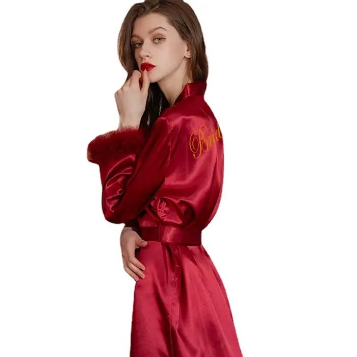 Satin plume Patchwork mariée Robe de demoiselle d'honneur Sexy Kimono peignoir