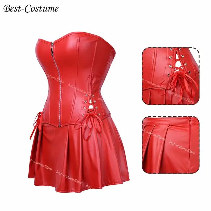 Corset rouge en cuir pour femmes avec jupe gothique en simili