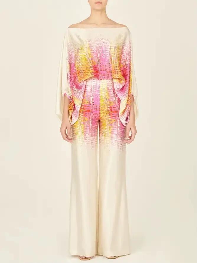 Pyjama Imprime Satin Femme Mode Amissié Pantalon Long Bleu Ciel Jaune Or Rose Occasions Spéciales Nuits Précieuses