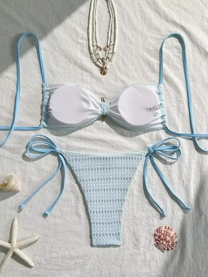 Sexy bleu ciel Micro Bikini 2026 femmes métal étoile de mer ornement plissé Push Up cravate côté string maillot de bain