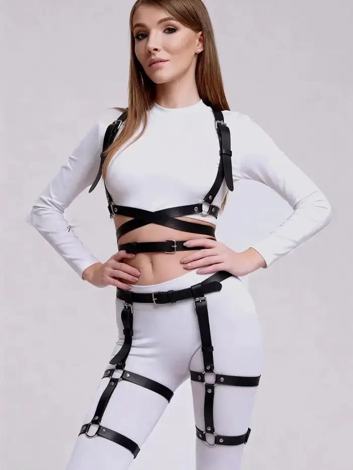 Ensemble de harnais de mode pour femme en cuir PU, harnais de taille, harnais de corps, jarretière de poitrine et de jambe, accessoire vestimentaire gothique