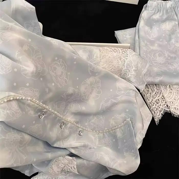 Soie deux pièces dames ensemble Pijama automne Floral à manches longues boutonné haut et pantalon vêtements de nuit
