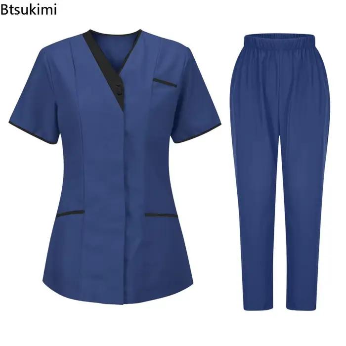 Nouveaux ensembles infirmiers 2026 – T-shirt d'été pour femme à col en V et boutons – Uniforme de travail pour infirmière – T-shirt médical pour hôpital et médecin