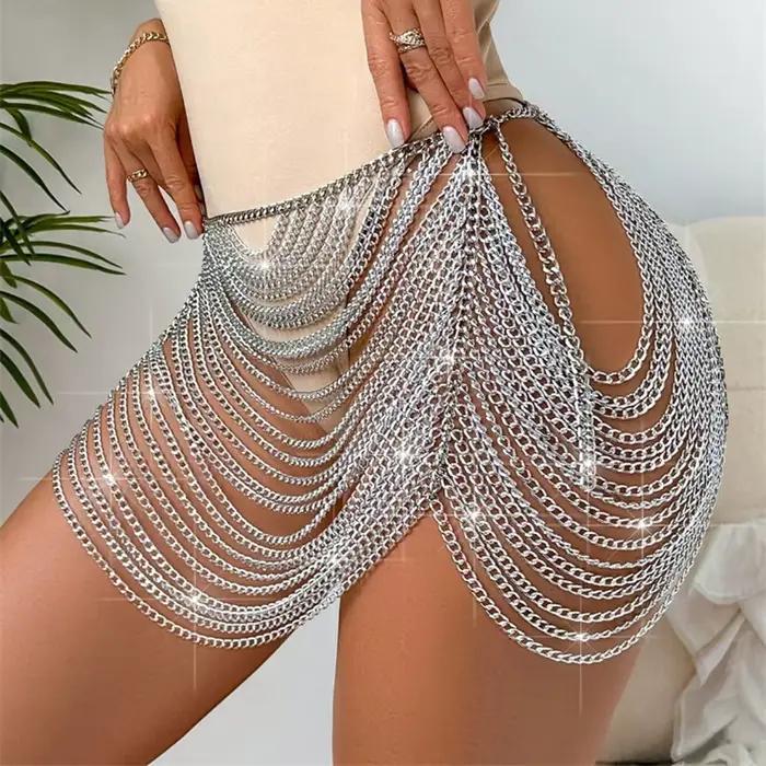 Or Argent Nuit Tenue De Club Chaîne De Corps Jupe Femme Mode Décontracté Creux Mini Jupes 2024 Été Plage Bikini Gland Vêtements