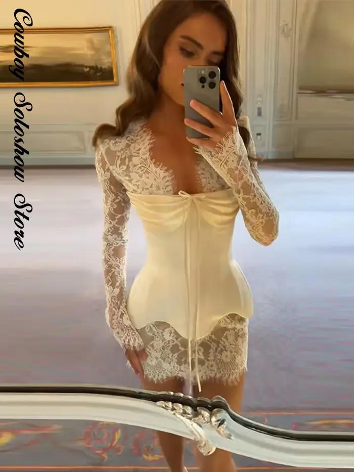Nouvelle Robe de Soirée Sexy en Dentelle pour Femme, Col en V, Manches Longues, Taille Cintrée, Robe d'Été Ajustée, Ensemble 2 Pièces pour Soirée 2026