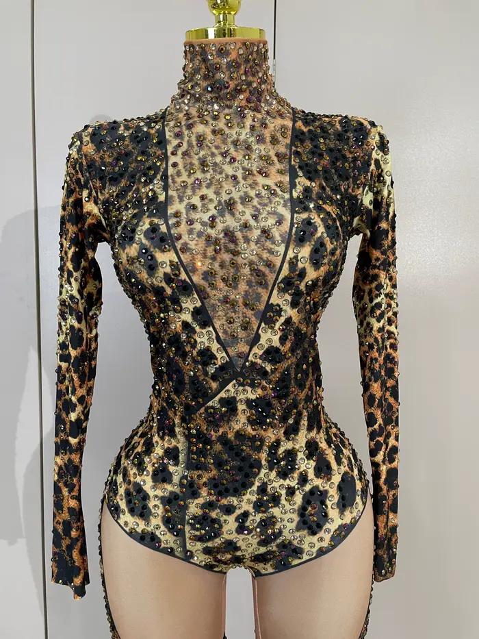 Combinaison moulante extensible sexy à imprimé léopard et diamants scintillants pour femme