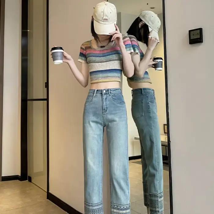 Pantalon en Dentelle Transparente avec Strass pour Femme, Capri, Jambe Droite, Jeans Fjpouvez-vous aru Z Emo, Basics Aesthetic A