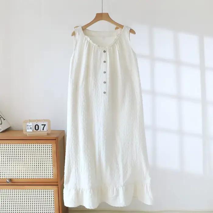 Chemise de nuit en gaze de coton respirante pour femme, robe de nuit blanche sans manches, détail perles en bois et ourlet à volants, tenue d'intérieur douce