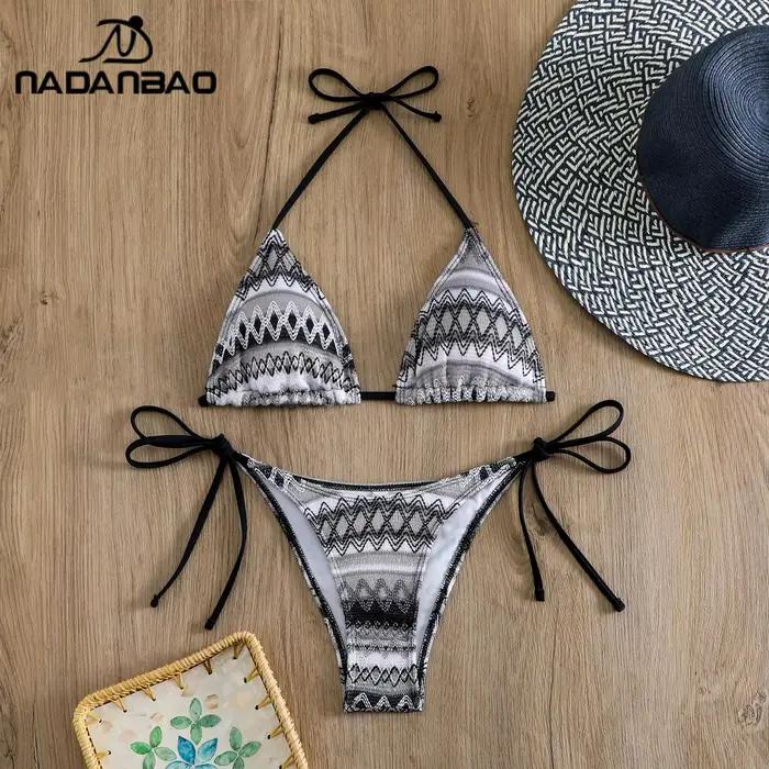 Nadanbao Sexy tricot imprimé fleuri Bikini ensembles maillots de bain femmes marron dos nu mode maillot de bain femme licou plage fête Bikini