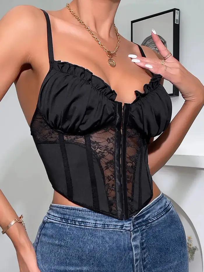 1 pièce de corset en tulle noir à volants en dentelle