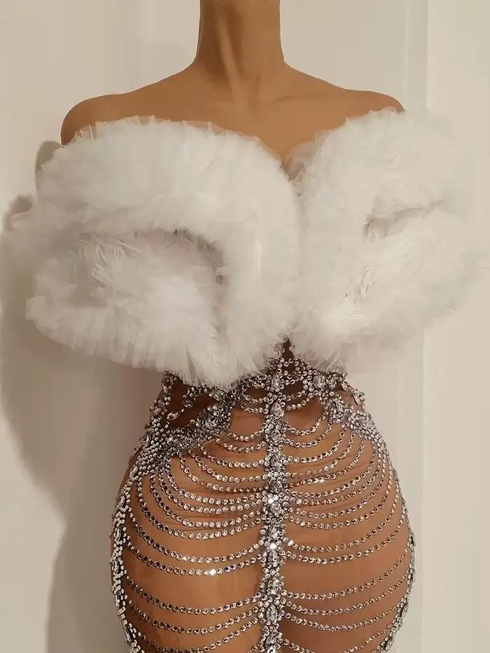 Robe de soirée sexy en maille transparente avec strass, sans bretelles, longue, pour fête d'anniversaire, boîte de nuit, tenue de performance Drag Queen