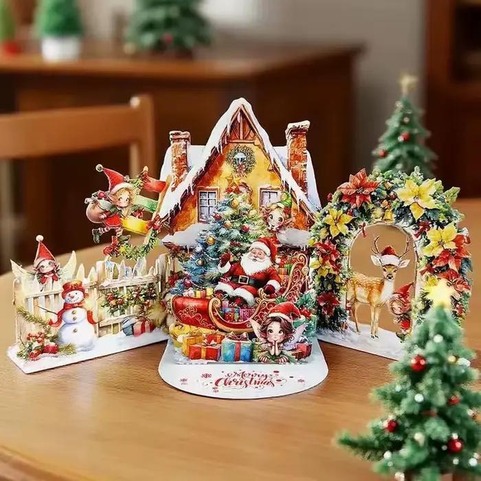Carte de noël 3D, scène de nuit avant noël avec père noël, renne, Village enneigé et ciel clair de lune, carte de vœux de vacances Festive F